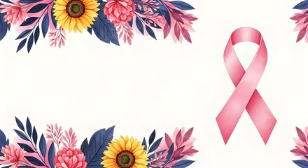 Obraz premium Pink Ribbon, Tropical Flowers. Breast Cancer Awareness Month Banner Background.