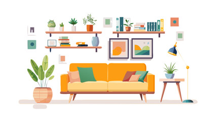 Living room decor ideas modern interior design with sofa plants and wall art illustration vector