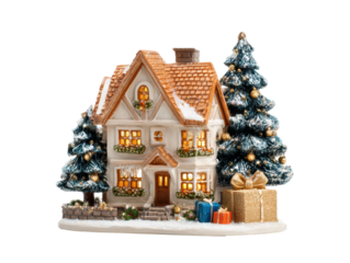 Christmas decoration with a snowy house and festive trees on a transparent background, cut out