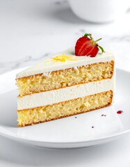 A slice of lemon-flavored layered cake with a strawberry garnish