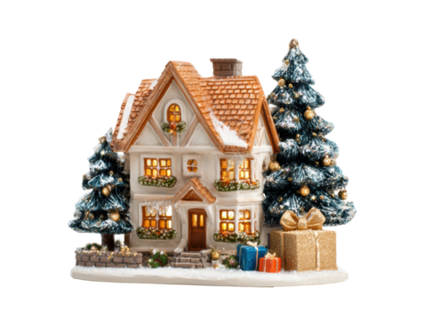 Christmas decoration with a snowy house and festive trees on a transparent background, cut out
