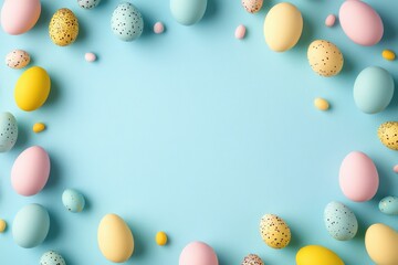 Colorful Easter Eggs Frame on Light Blue Background