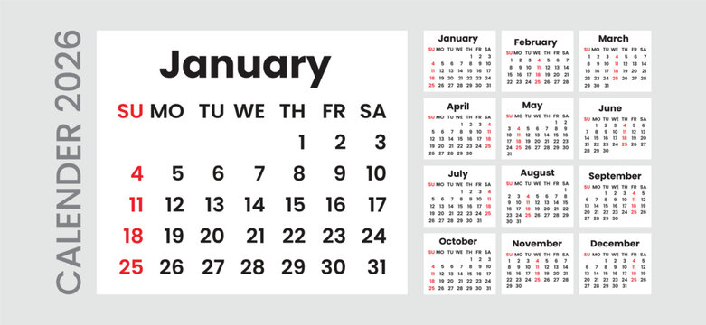 2026 monthly calendar and diary planner layout. Week Starts on Sunday