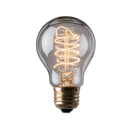 Edison bulb with intricate filament design illuminating a room on a transparent background, cut out