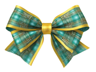 Elegant teal and gold ribbon bow for gift wrapping and decoration on a transparent background, cut out