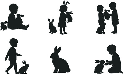 Children with rabbits silhouette, playful interaction, bunny ears, sitting, walking, holding, leash, black figures, animal care, companionship, cute, whimsical, outdoor