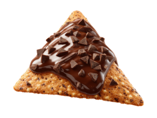 Chocolate topped tortilla chip snack for dessert enjoyment on a transparent background, cut out