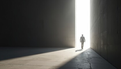Man in suit walks towards bright light at end of dark corridor. Businessman exits shadowy room into open space. Person in dark walks alone into light. Man leaves dark hallway for bright area.