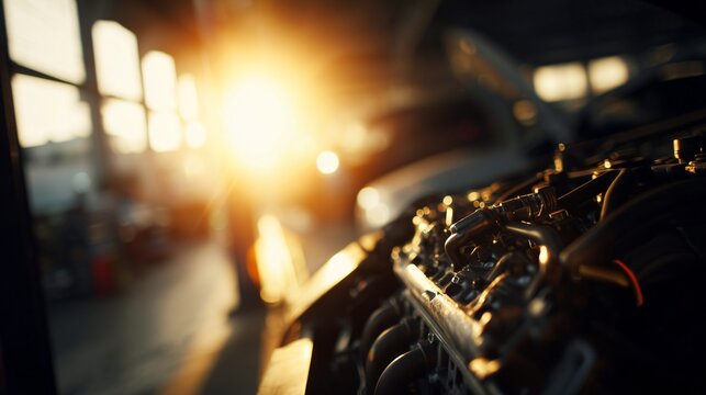 In the garage, the engine catches the sunset light as it casts shadows on the engine parts. Rays of light illuminate the engine while the garage creates a warm atmosphere.