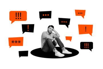 Creative collage picture young upset man anxiety thoughtful overthink textbox message reply attention exclamation mark alert urgent news