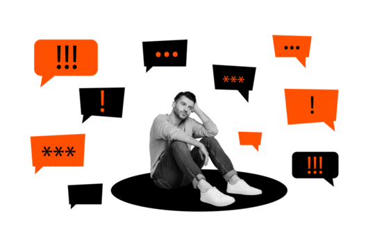 Creative collage picture young upset man anxiety thoughtful overthink textbox message reply attention exclamation mark alert urgent news