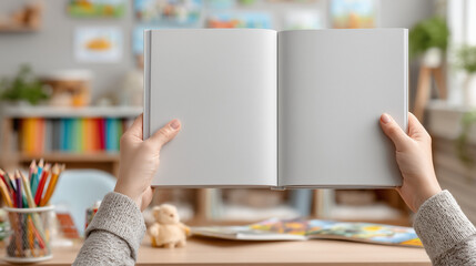 Little child hold in hands closed kids book with a blank front cover in nursery room. childhood and reading concept mockup