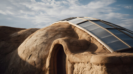 Contemporary off-grid house in desert landscape, autonomous systems, minimalist and sustainable living.