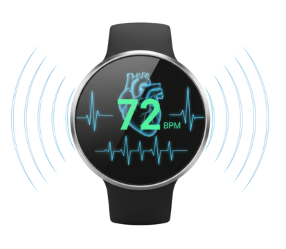 Smartwatch Displaying Heart Rate Data with Neon Blue Waveforms on Transparent Background