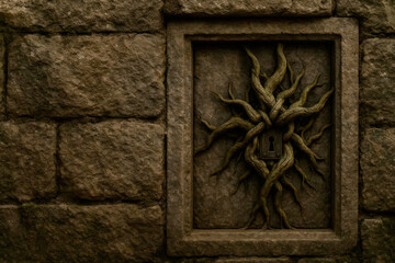 A keyhole surrounded by intertwined roots in a stone wall. Space for text.
