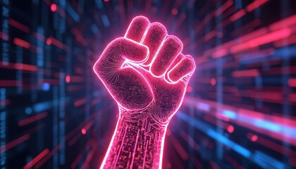 Neon pink fist with circuit board details rises against vibrant digital data streams. Glowing pink lines outline hand in powerful gesture. Background flows with red, blue digital code, suggesting