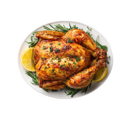 Golden roasted chicken with herbs and lemon served on a platter on a transparent background, cut out
