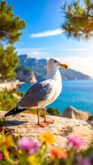 A seagull perches on a rocky outcrop overlooking a vibrant beach scene
