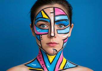 Abstract Face Art Portrait with Geometric Colorful Paint Design on Woman
portrait of a girl with a colorful makeup, Modernist portrait features face with cyan, magenta, yellow, black colors applied. 