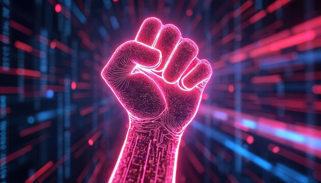 Neon pink fist with circuit board details rises against vibrant digital data streams. Glowing pink lines outline hand in powerful gesture. Background flows with red, blue digital code, suggesting - Powered by Adobe