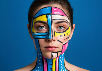 Abstract Face Art Portrait with Geometric Colorful Paint Design on Woman
portrait of a girl with a colorful makeup, Modernist portrait features face with cyan, magenta, yellow, black colors applied. 