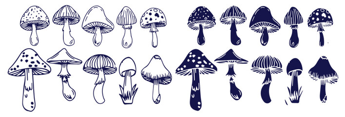 Outline mushrooms doodle big set. Fungi hand drawn sketch of various shapes and sizes isolated on white background