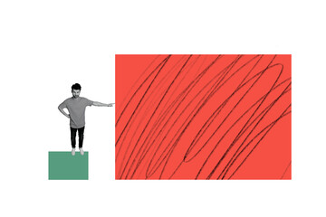 Composite trend artwork sketch image collage of business stats human resource trader young man rich stand finger point huge platform win