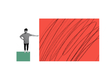 Composite trend artwork sketch image collage of business stats human resource trader young man rich stand finger point huge platform win