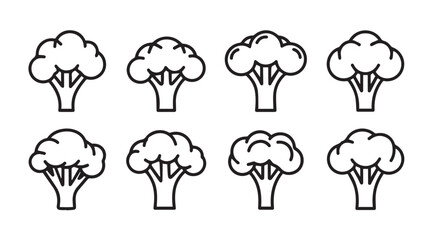 Collection of eight broccoli florets icons set healthy food ingredient organic vegetable outline art vector