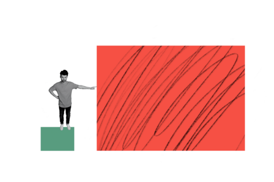 Composite trend artwork sketch image collage of business stats human resource trader young man rich stand finger point huge platform win