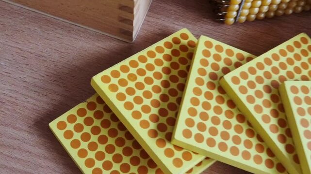 Materials for learning mathematics according to the Montessori method. Beads, a cube and wooden boards for developing hand motor skills and logical thinking.