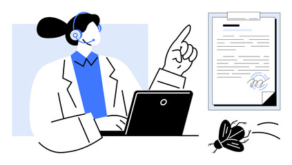 Woman in headset working on a laptop, pointing to a clipboard document while a flying insect moves nearby. Ideal for customer service, documentation, multitasking, communication, problem-solving