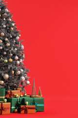 Christmas tree with many gifts on red background