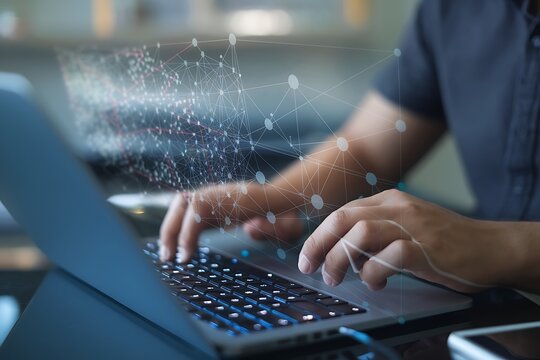 Data analysis dashboard and statistical marketing graphs. Analytics of web customer behavior and financial data. Analyst using laptop computer to analyze data.