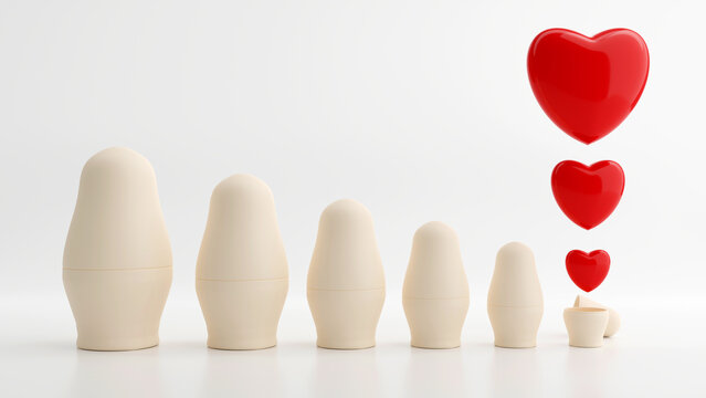 3D rendering of Russian nesting doll with red heart inside on white background, sign and symbol concept