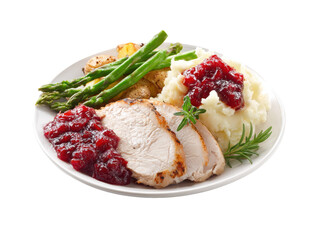 Delicious turkey dinner with mashed potatoes and cranberry sauce on a transparent background, cut out