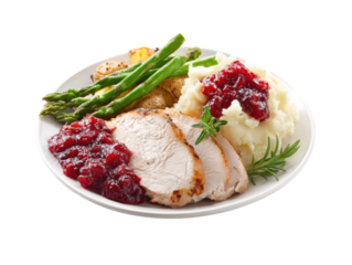 Delicious turkey dinner with mashed potatoes and cranberry sauce on a transparent background, cut out