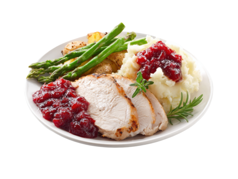 Delicious turkey dinner with mashed potatoes and cranberry sauce on a transparent background, cut out