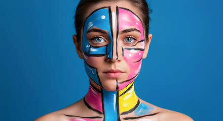 Abstract Face Art Portrait with Geometric Colorful Paint Design on Woman
portrait of a girl with a colorful makeup, Modernist portrait features face with cyan, magenta, yellow, black colors applied. 