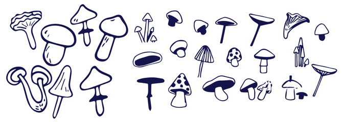 Outline mushrooms doodle big set. Fungi hand drawn sketch of various shapes and sizes isolated on white background