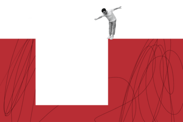 Composite trend artwork sketch image photo collage of caricature young guy stand balance edge cliff abyss spread hands look down deep trap