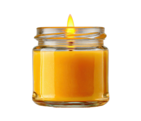 A glowing yellow candle in a glass jar creates a warm atmosphere on a transparent background, cut out