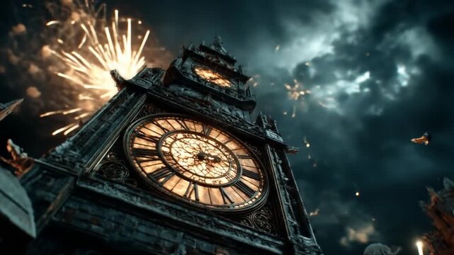 Dramatic clock tower with fireworks display against a dark sky