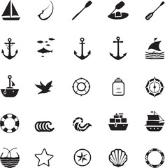 Fototapeta premium Black and white nautical icon set with sailboats, anchors, sea creatures, beach items, and travel symbols