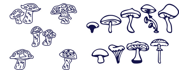 Outline mushrooms doodle big set. Fungi hand drawn sketch of various shapes and sizes isolated on white background