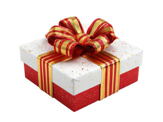 Festive gift box with cheerful red and gold ribbon for celebrations on a transparent background, cut out