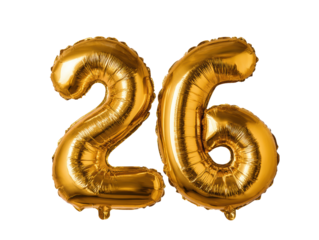Colorful golden balloons for 26th birthday celebration decoration on a transparent background, cut out