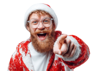 Joyful Santa Claus spreading holiday cheer during winter festivities on a transparent background, cut out