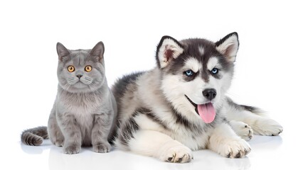 Playful pets a grey cat and a siberian husky together studio setting adorable companions happy mood