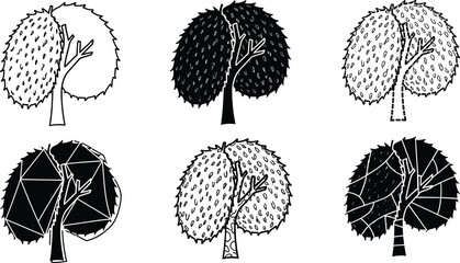 Stylized tree silhouettes collection, abstract decorative foliage, artistic botanical illustration, isolated vector plants, creative canopy patterns, modern forest design, nature art